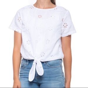 Christian Siriano Boho White Linen Blend Eyelet Embroidery Top Blouse Size L